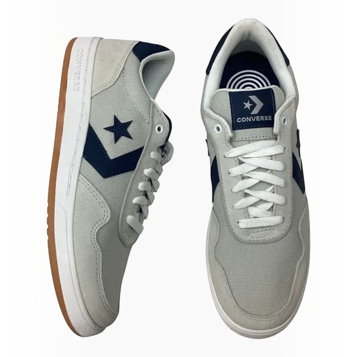 The Shoe Shop Converse S25 sneakers in grey faux nubuck with navy blue accents and a classic gum rubber cupsole.