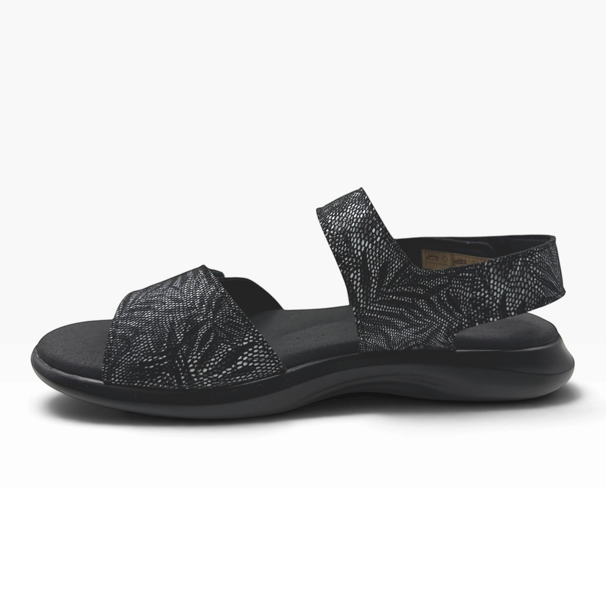 The Shoe Shop Corbett black sandal with a patterned fabric upper and comfortable contoured footbed