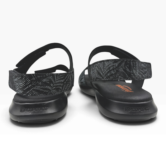 The Shoe Shop Corbett black sandals with patterned heel straps and cushioned soles viewed from the back
