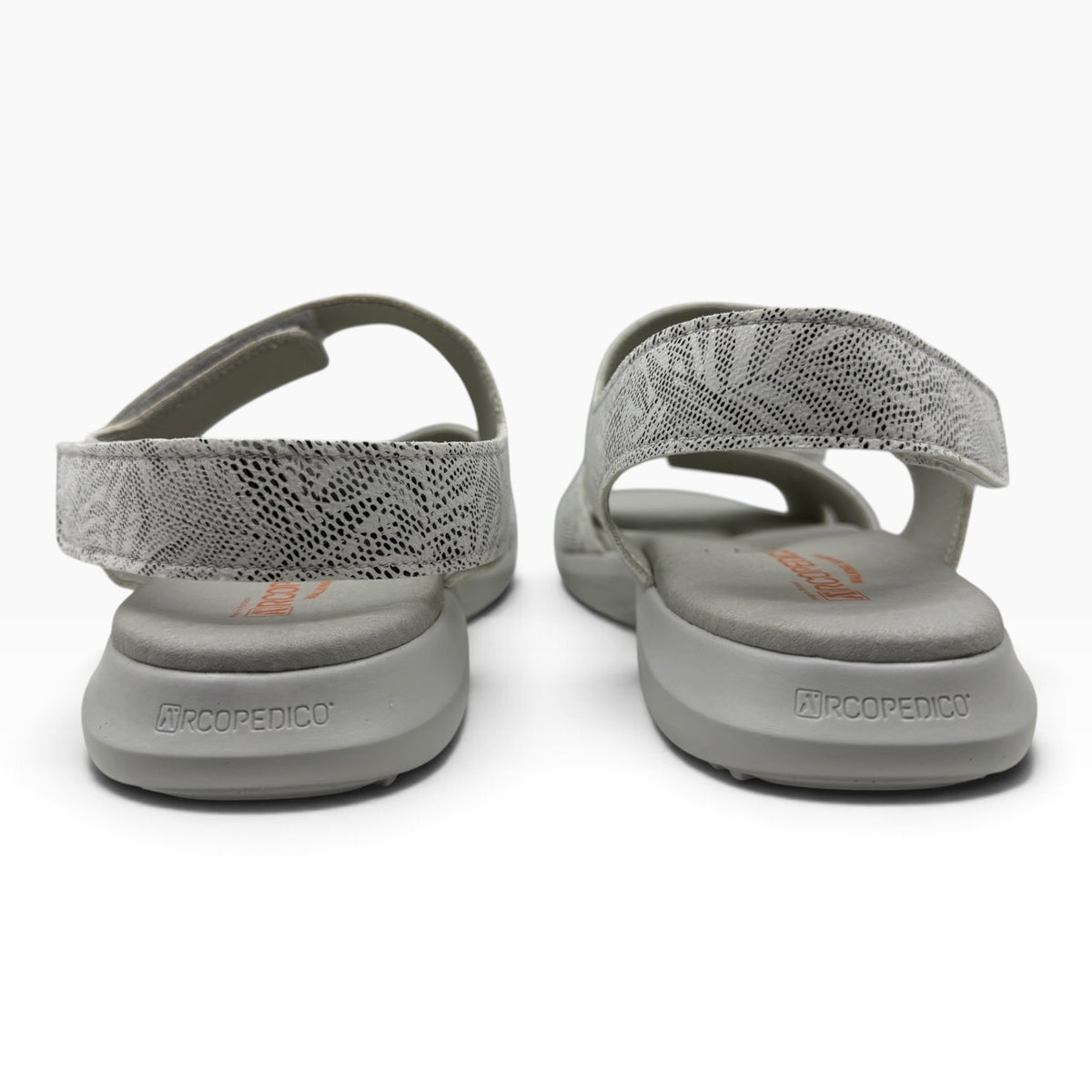The Shoe Shop Corbett grey patterned sandals with adjustable heel straps and cushioned footbeds, rear view.