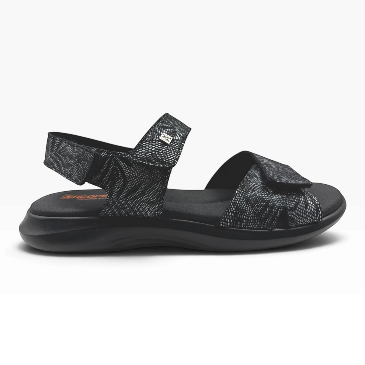 The Shoe Shop Corbett black and white patterned walking sandal with adjustable hook-and-loop straps and cushioned sole