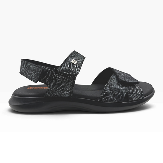 The Shoe Shop Corbett black and white patterned walking sandal with adjustable hook-and-loop straps and cushioned sole