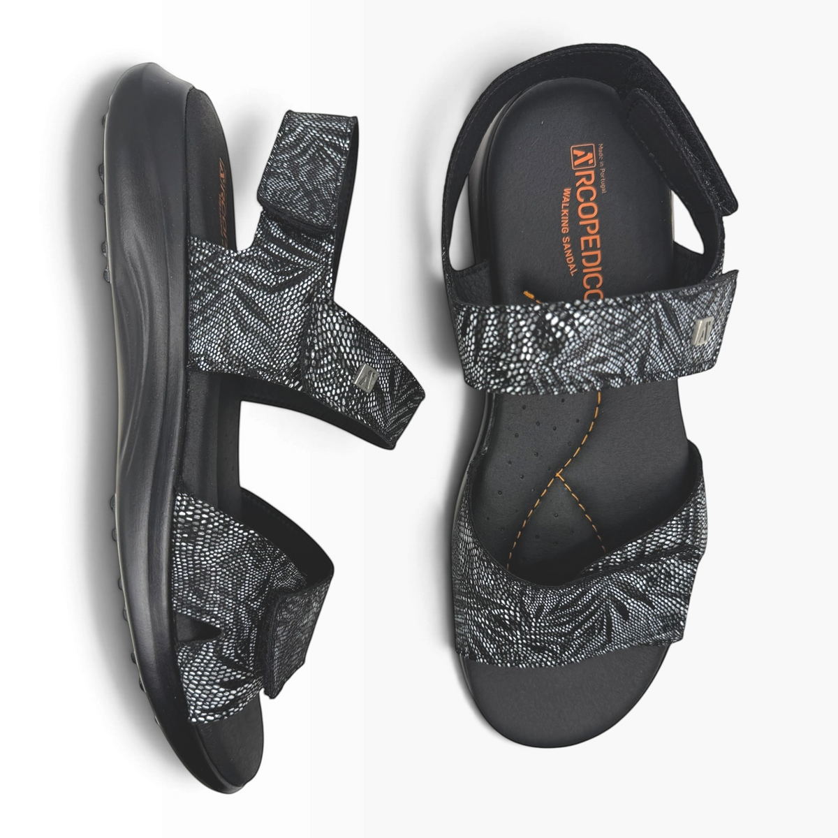 The Shoe Shop Corbett walking sandals in black and white patterned fabric with adjustable velcro straps