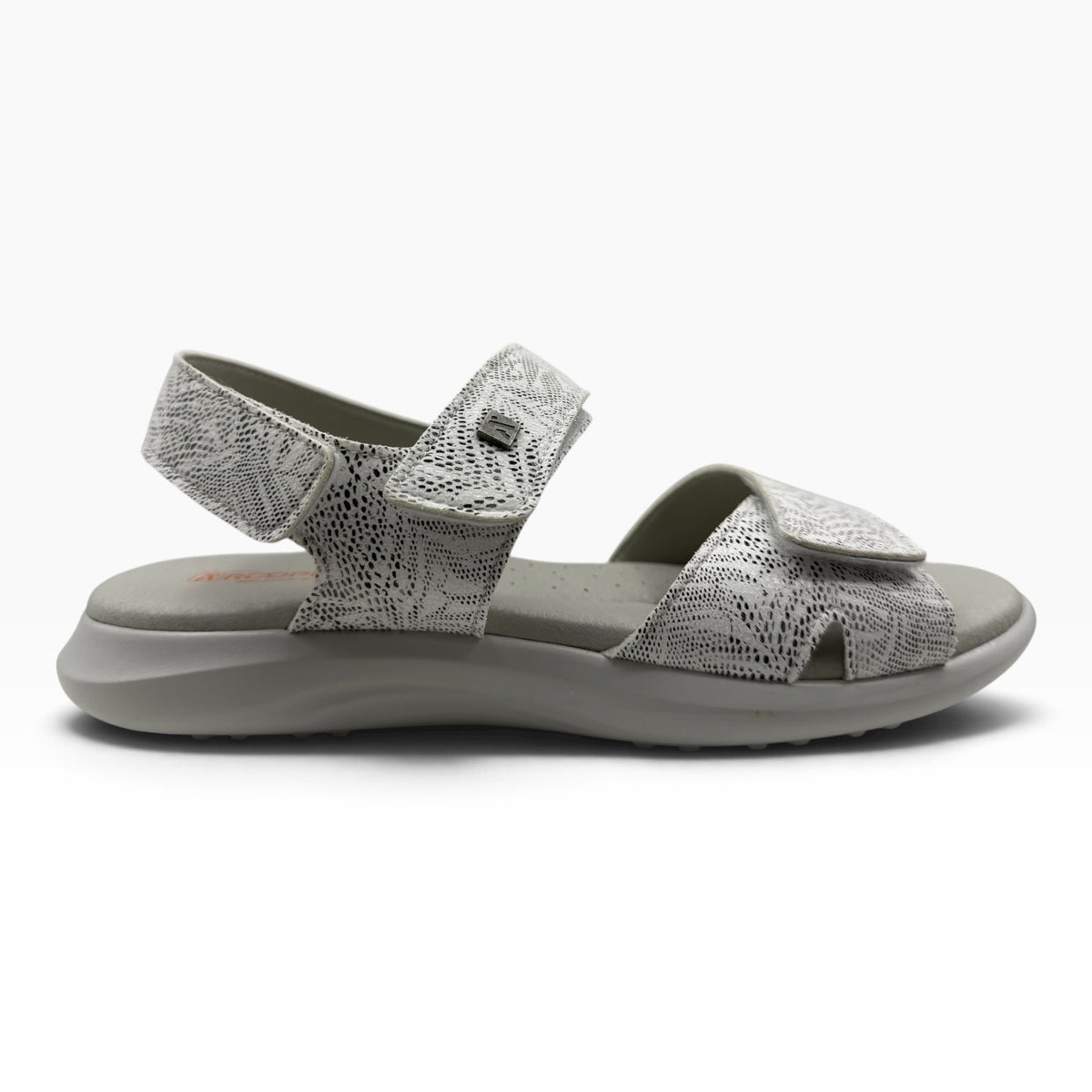 The Shoe Shop Corbett women's comfort sandal in white and grey with a textured animal print and adjustable straps.