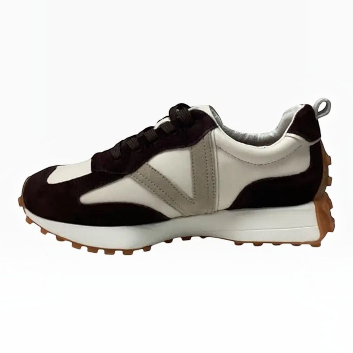 The Shoe Shop Django & Juliette women's sneaker in cream and dark brown suede with a chunky rubber outsole.