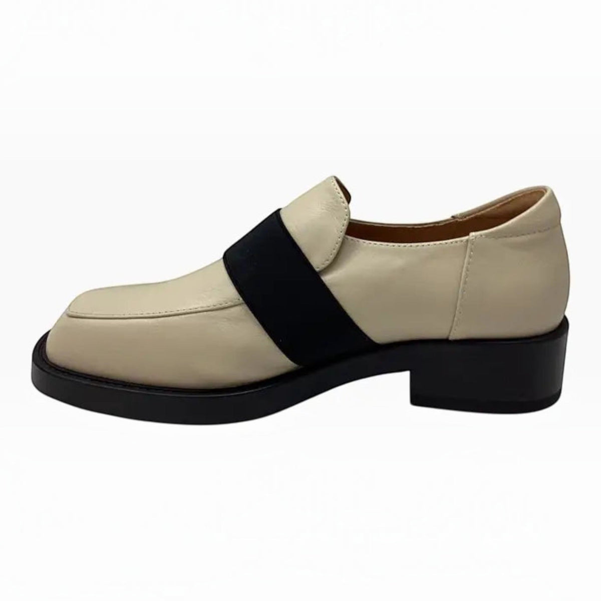 The Shoe Shop Bresley Penmark cream leather slip-on loafer with a black elastic band and low block heel