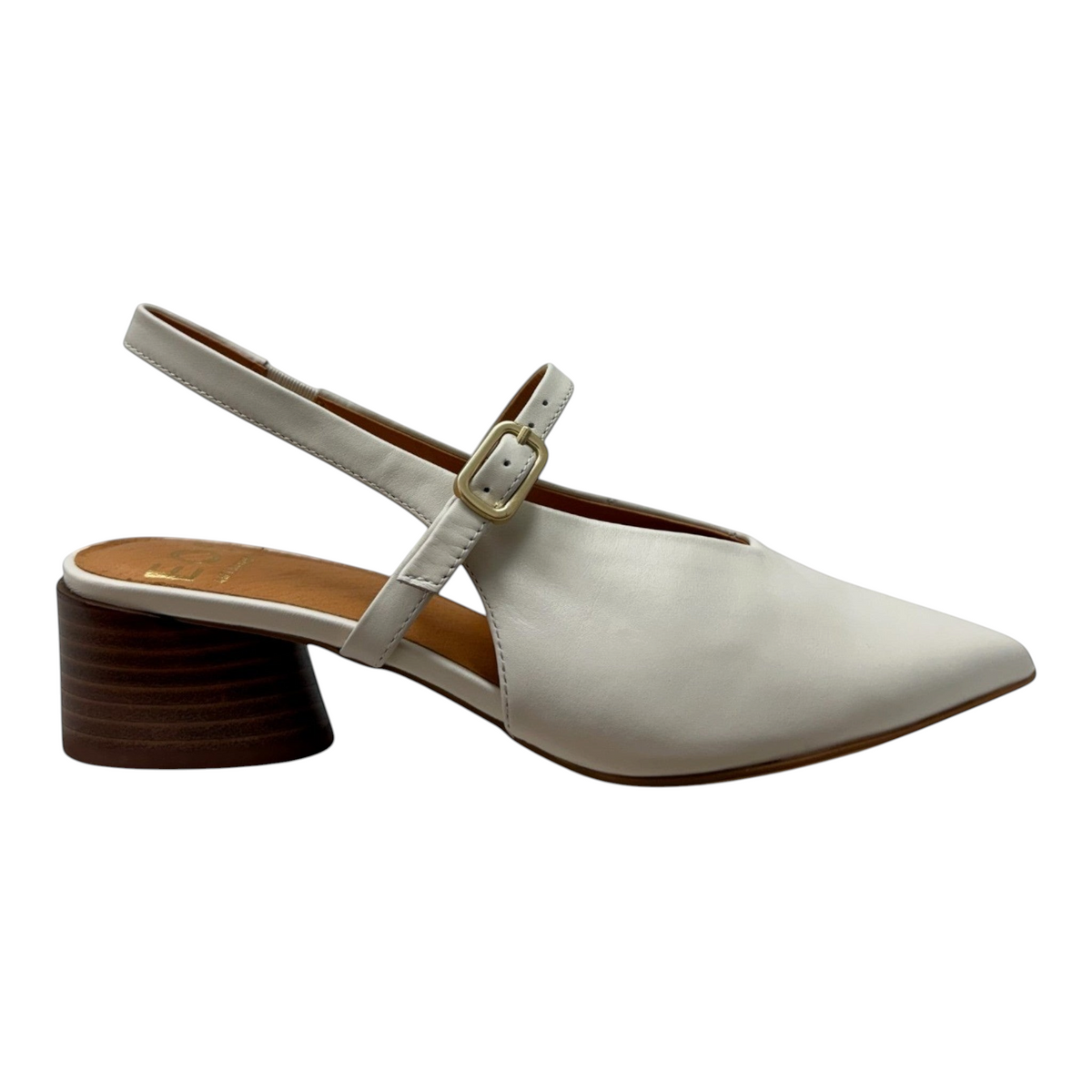 The Shoe Shop Hattis Heel in cream leather with a pointed toe, adjustable slingback strap, and low wooden block heel.