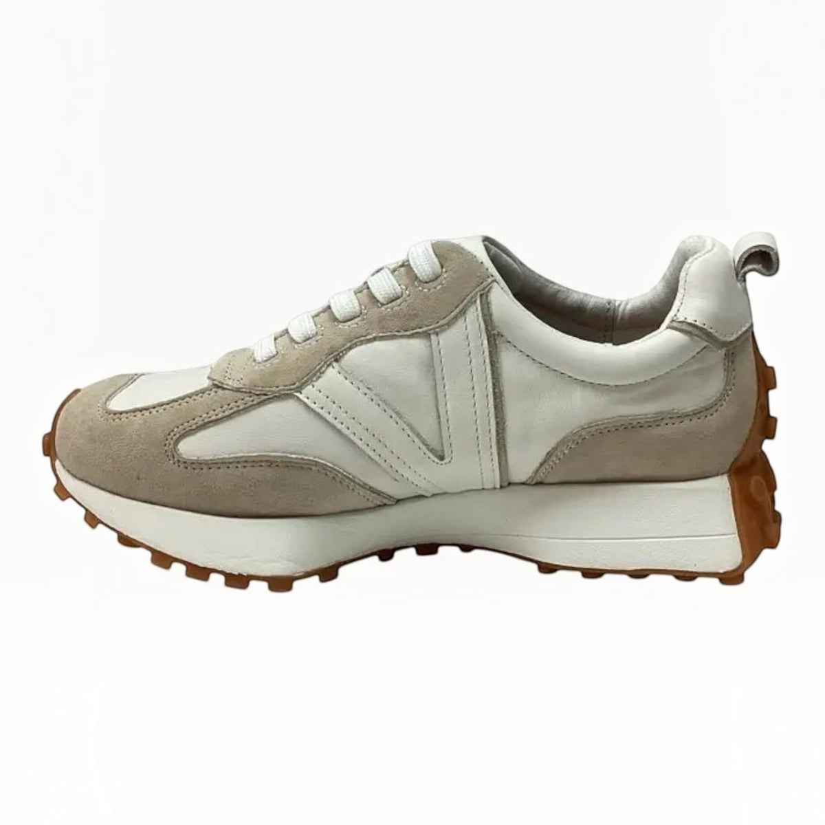 The Shoe Shop Django & Juliette women's sneaker in cream leather and beige suede with a chunky rubber outsole.