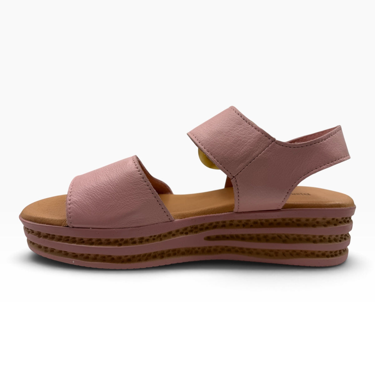 The Shoe Shop Cubbie pink leather platform sandal with a textured tan sole and adjustable ankle strap