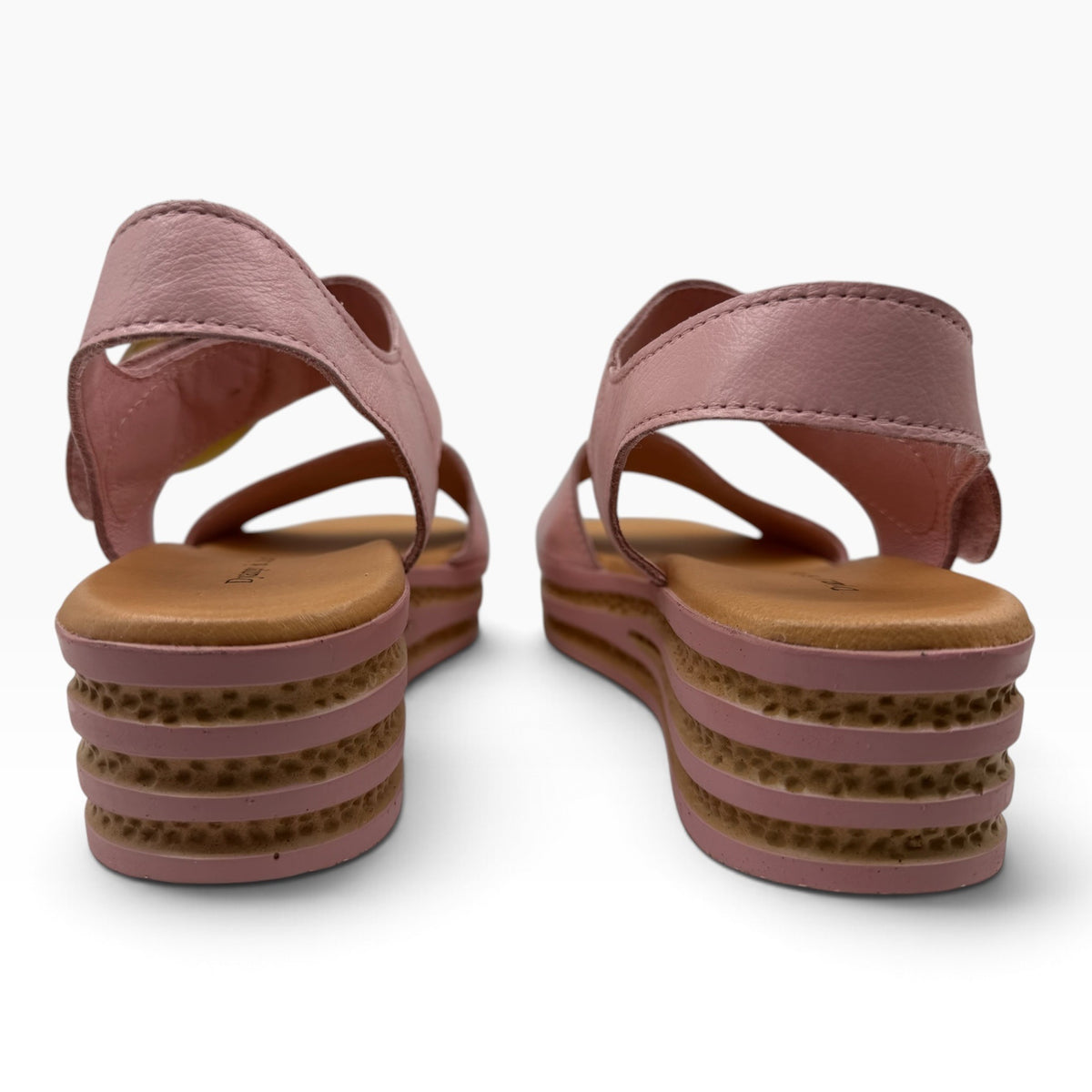 The Shoe Shop Cubbie pink leather wedge sandals with textured platform soles, rear view