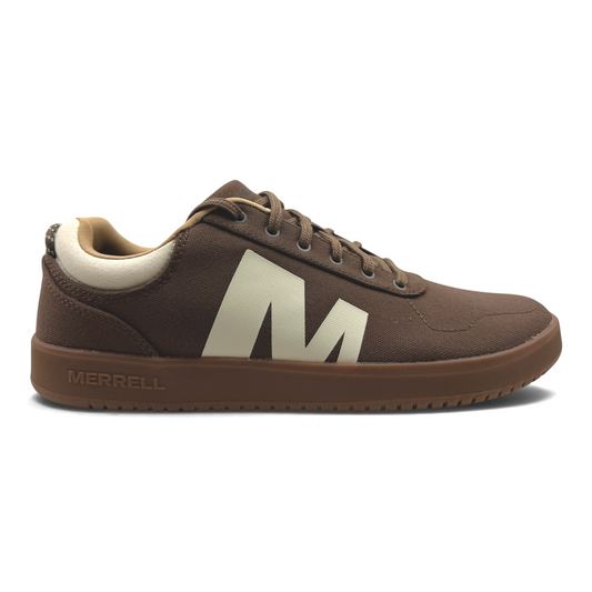 The Shoe Shop Cygnet Canvas Mens sneaker in Earthen brown with a cream M logo and matching rubber sole