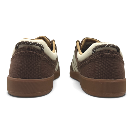 Rear view of The Shoe Shop Cygnet Canvas mens sneakers in earthen brown with beige trim and textured rubber soles.