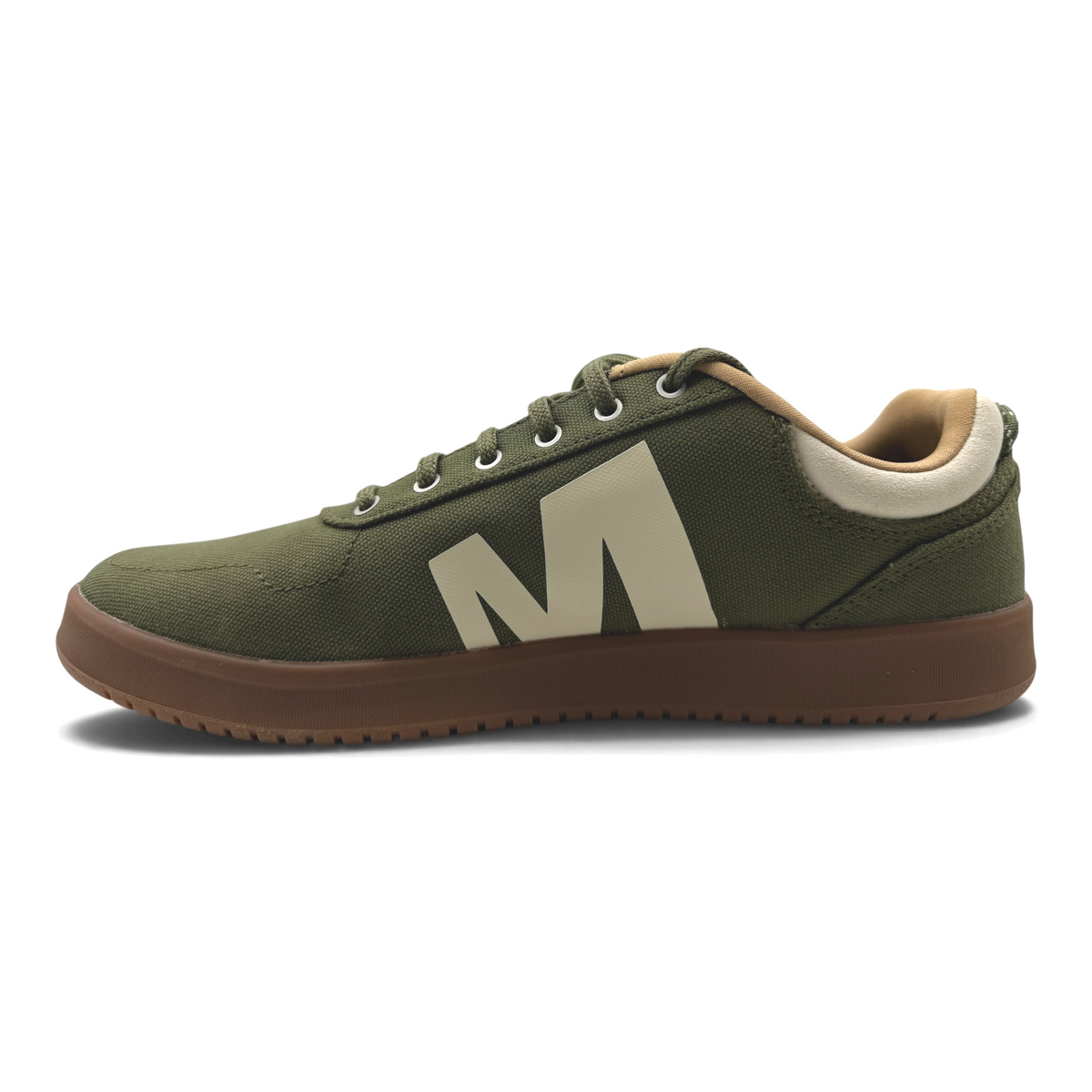 The Shoe Shop Cygnet Canvas mens sneaker in loden green with a beige M logo and brown rubber sole, side view.
