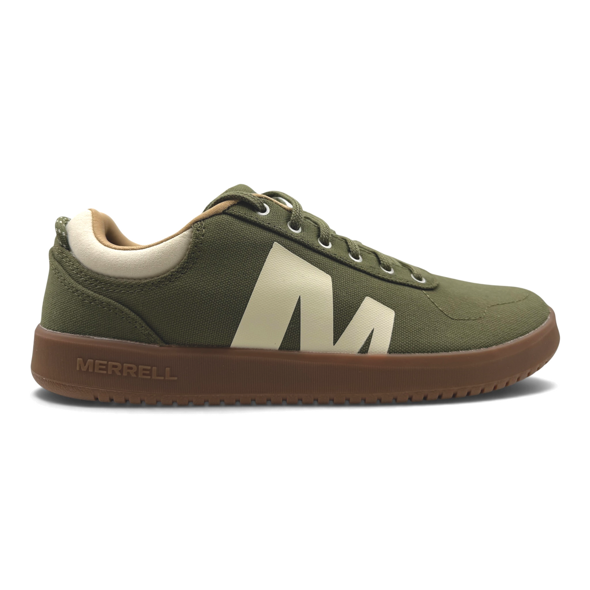 The Shoe Shop Cygnet Canvas Mens loden green sneaker with a large cream M logo and brown rubber sole