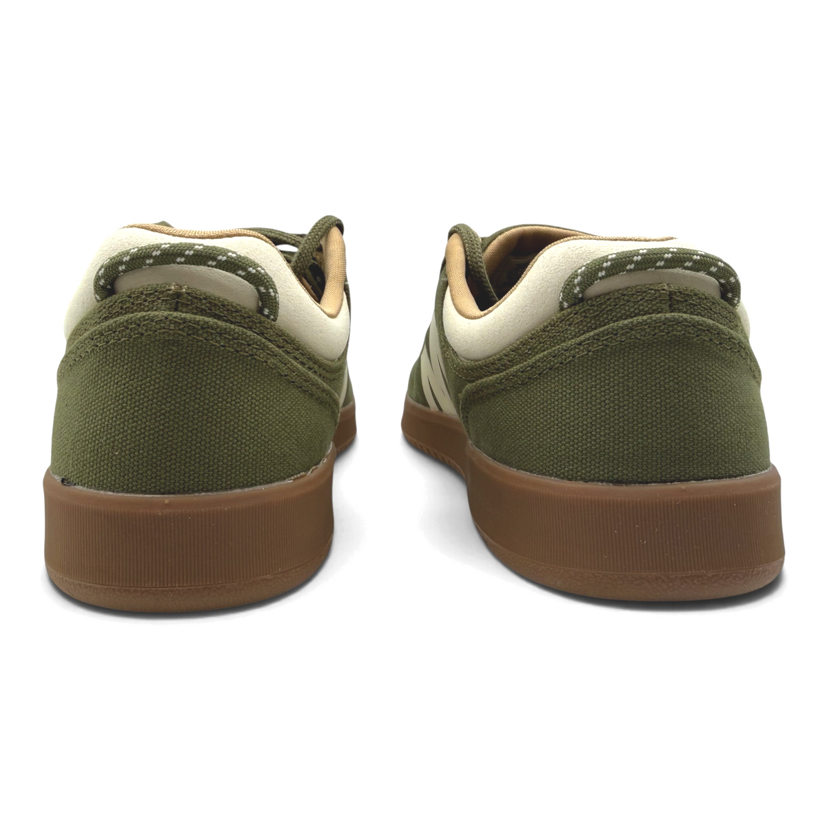 Rear view of The Shoe Shop Cygnet Canvas mens sneakers in loden green with a brown rubber sole and beige collar
