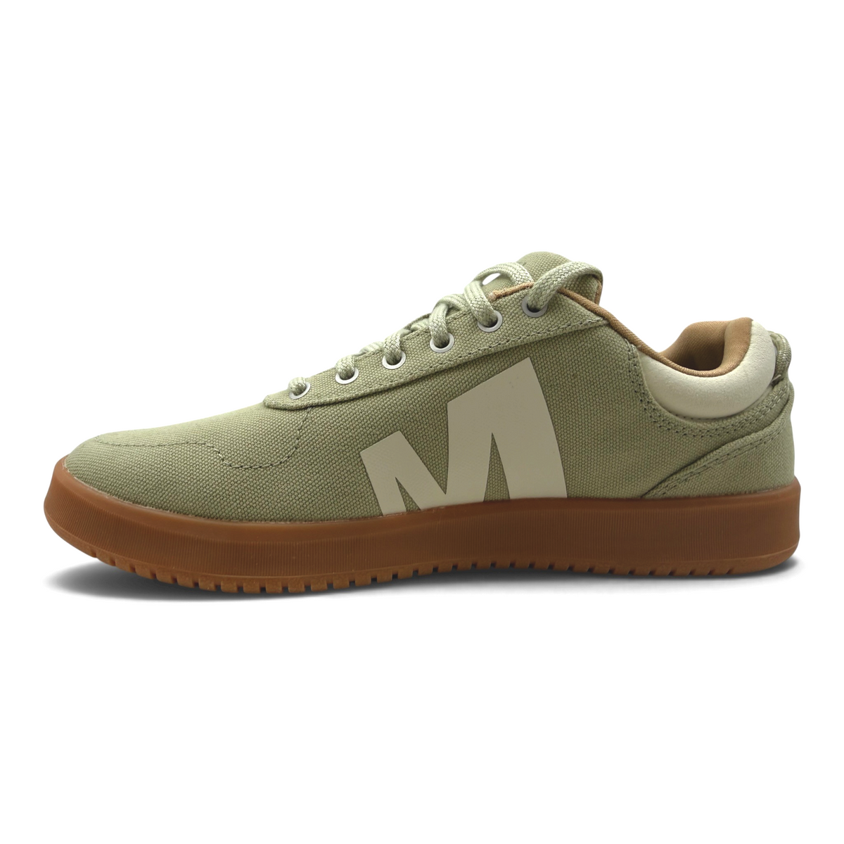The Shoe Shop Cygnet Canvas womens sneaker in muted sage green with a gum rubber sole and side logo detail