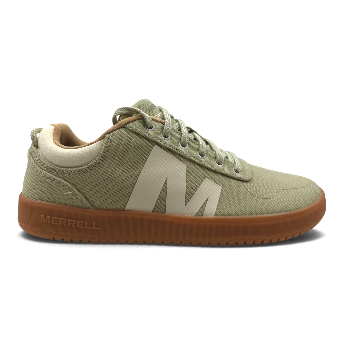 The Shoe Shop Cygnet Canvas womens sneaker in muted sage green with a gum rubber sole and side M logo detail