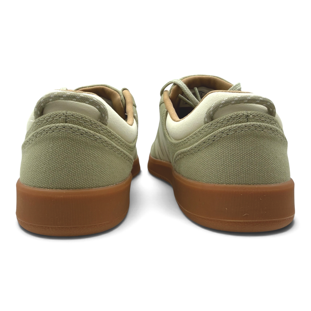 The Shoe Shop Cygnet Canvas womens sneakers in muted sage with a gum rubber sole, rear view.
