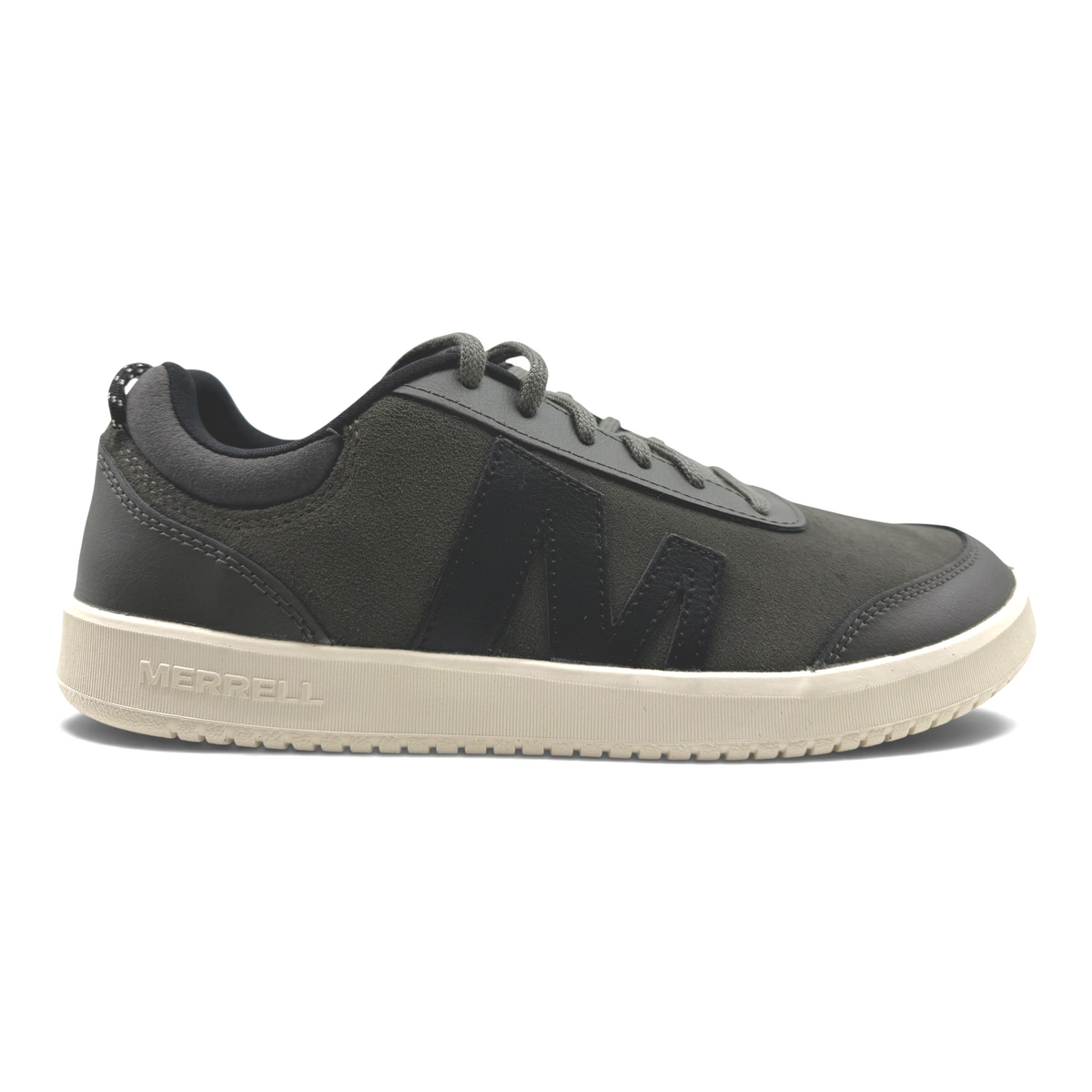 The Shoe Shop Cygnet leather sneaker in charcoal grey with suede panels, lace-up fastening, and a cream rubber sole.