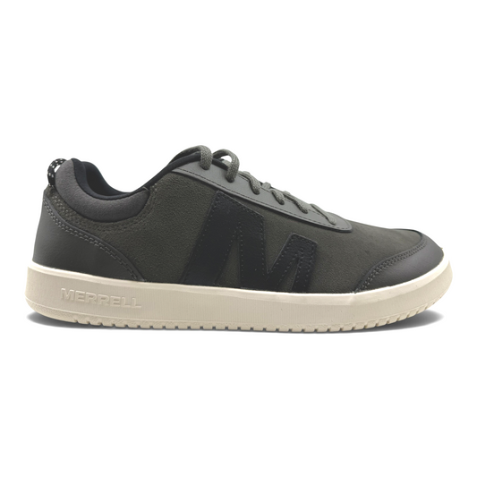 The Shoe Shop Cygnet leather sneaker in charcoal grey with suede panels, lace-up fastening, and a cream rubber sole.