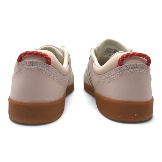 The Shoe Shop Cygnet leather womens sneakers in pale pink with a gum rubber sole and red patterned heel pull tab