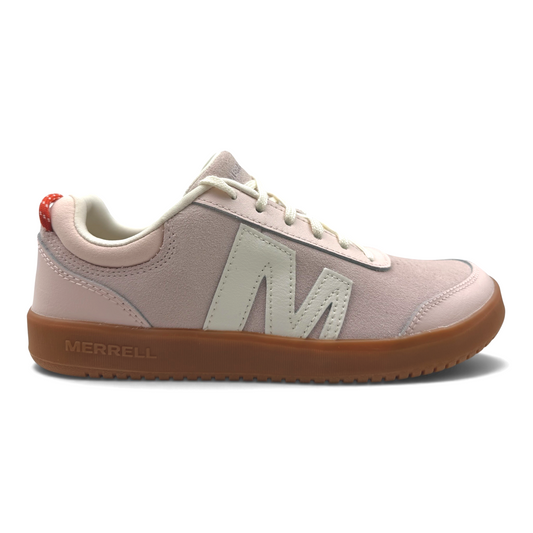 The Shoe Shop Cygnet womens pink suede sneaker with a gum rubber sole and white M logo detail
