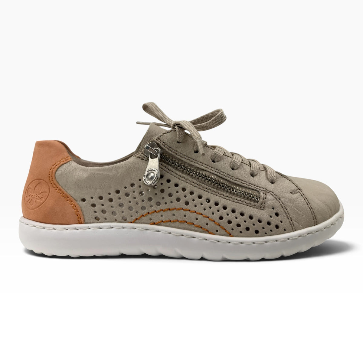 The Shoe Shop Dana sneaker in taupe leather with laser-cut perforations, side zip, and tan heel detail.