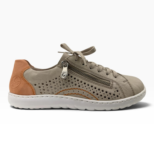 The Shoe Shop Dana sneaker in taupe leather with laser-cut perforations, side zip, and tan heel detail.