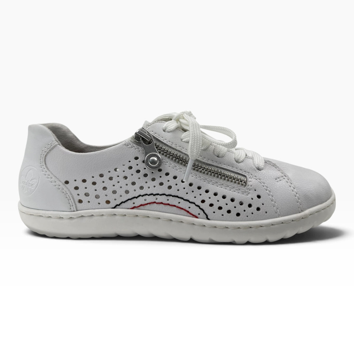 The Shoe Shop Dana white leather sneaker with laser-cut perforations, lace-up closure, and functional side zipper.