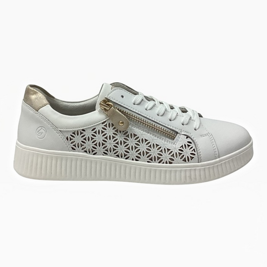 The Shoe Shop Dara white leather sneaker with laser-cut floral side panels, side zipper, and metallic heel detail.