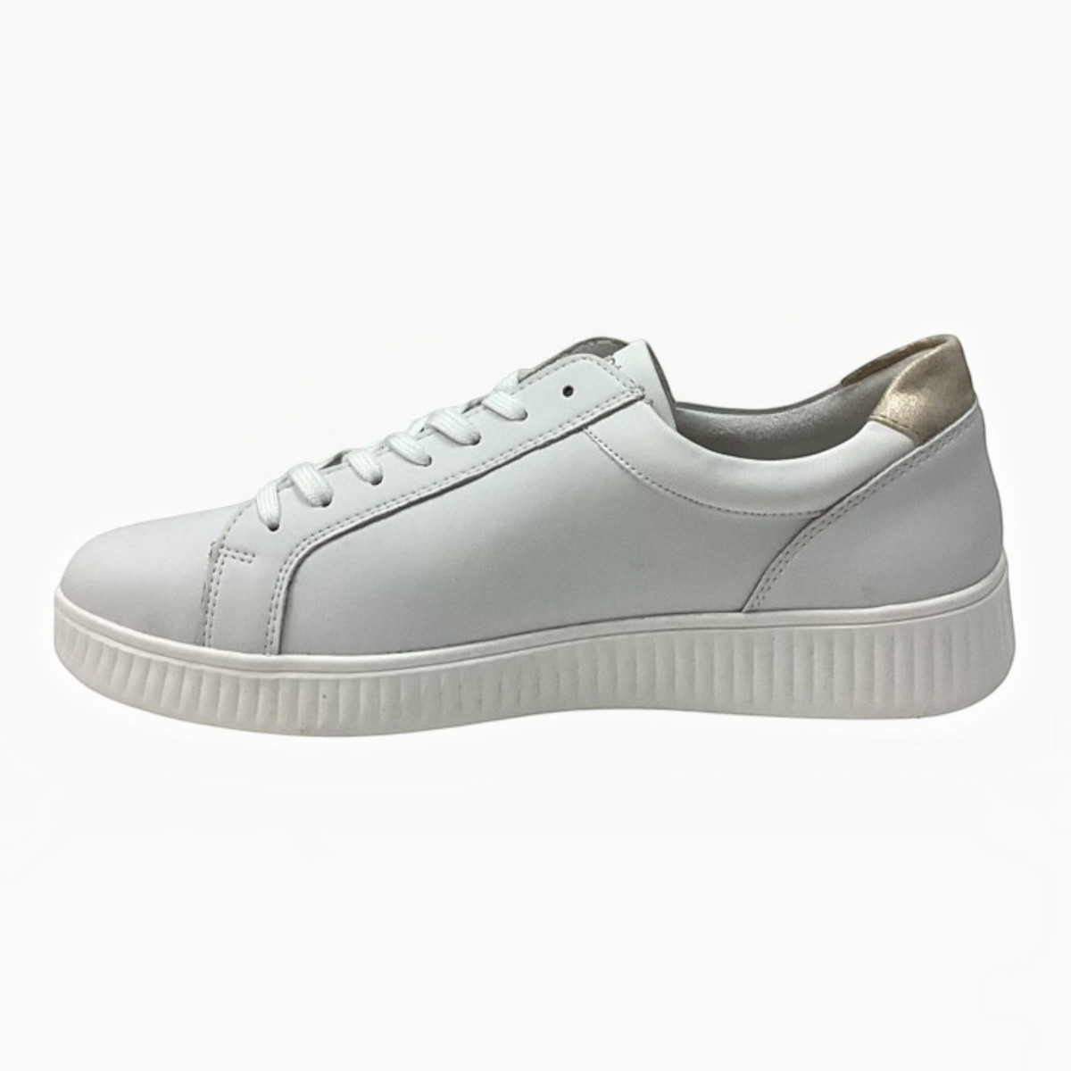 The Shoe Shop Dara white leather lace-up sneakers with a metallic gold heel detail and a textured white rubber sole.
