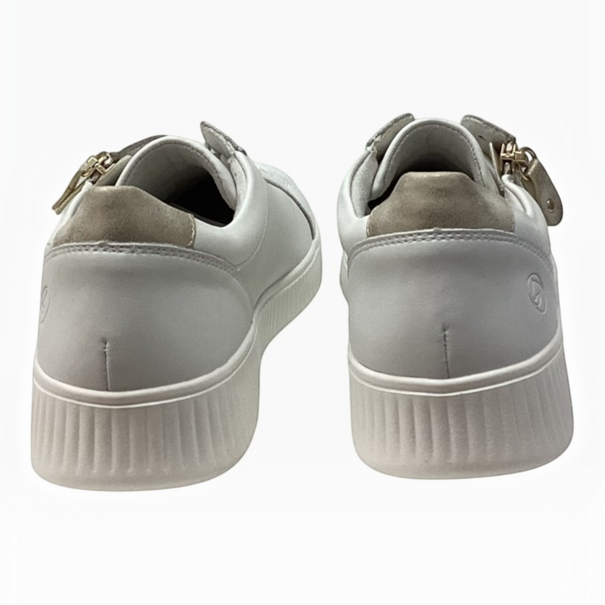 Back view of The Shoe Shop Dara white leather sneakers with a thick ribbed sole and gold side zipper detail