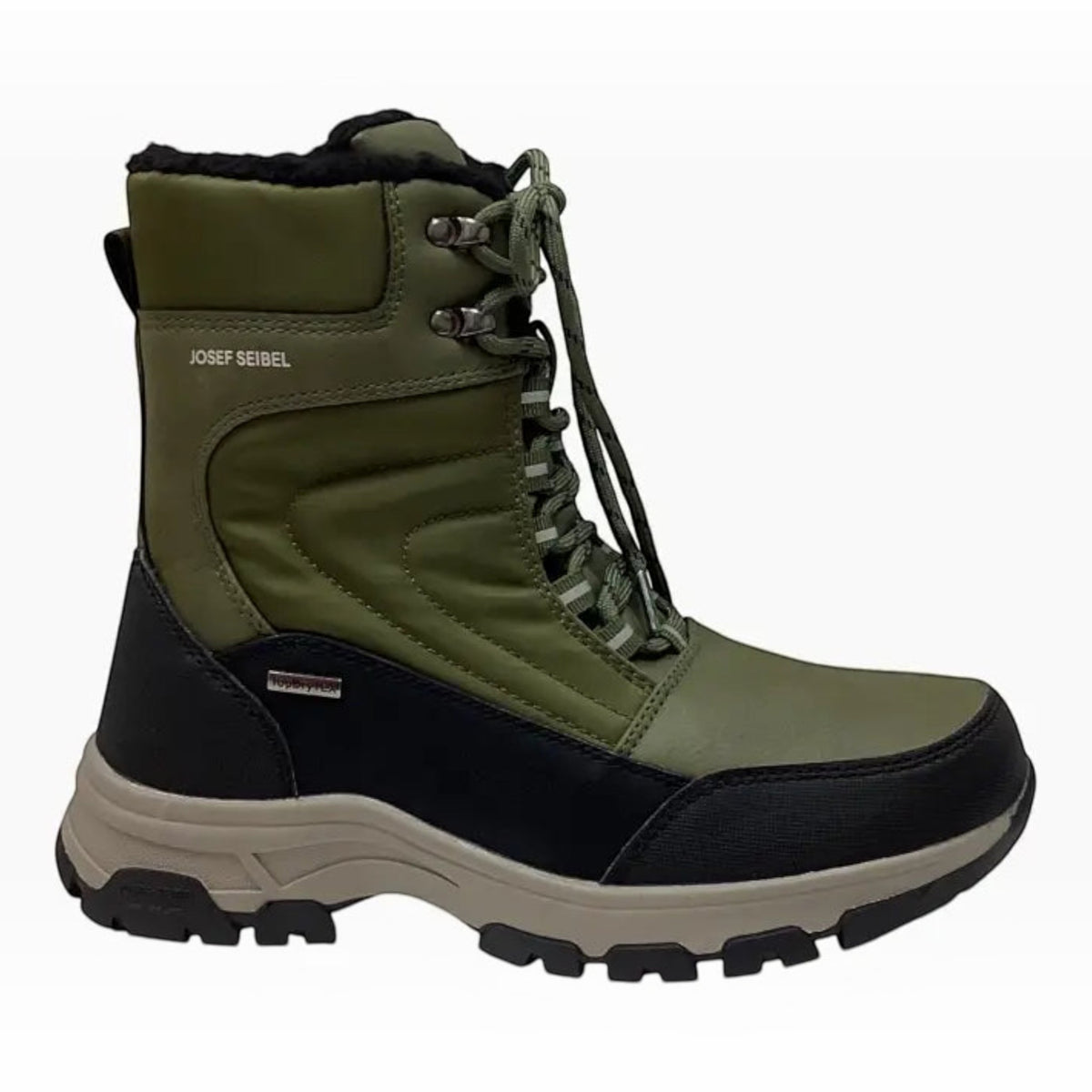 The Shoe Shop Josef Seibel Davos 52 waterproof winter boot in black-olive with a warm lining and lace-up closure.