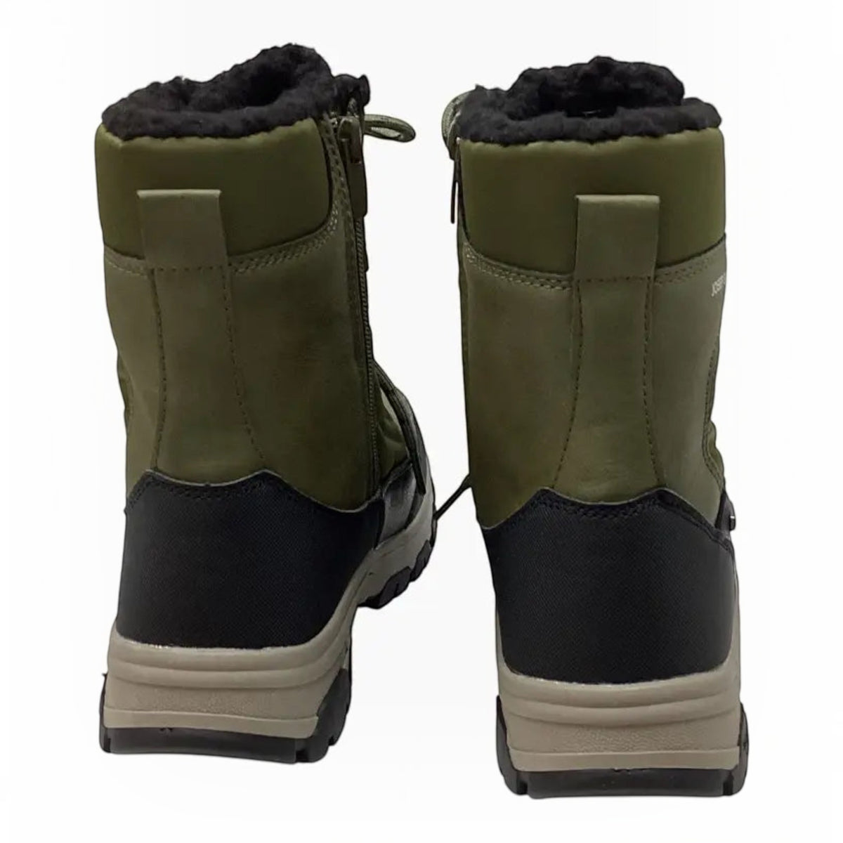The Shoe Shop Davos 52 waterproof winter boots in black-olive with warm lining and durable lugged outsoles, rear view.