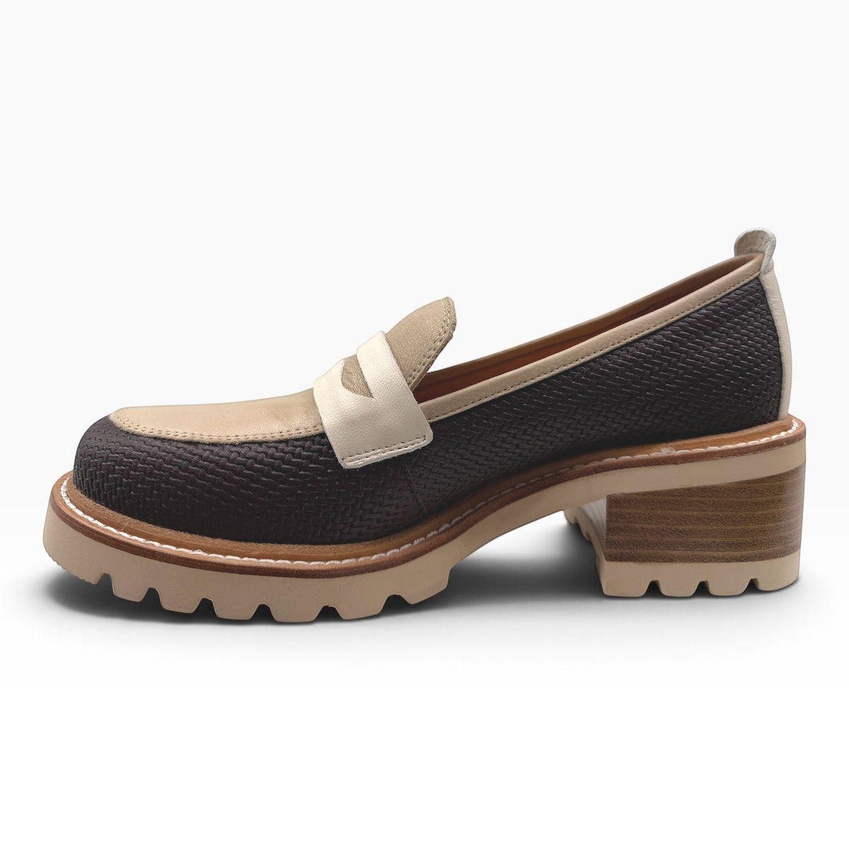 The Shoe Shop Delmira loafer in dark brown and beige textured leather with a chunky block heel and lug sole