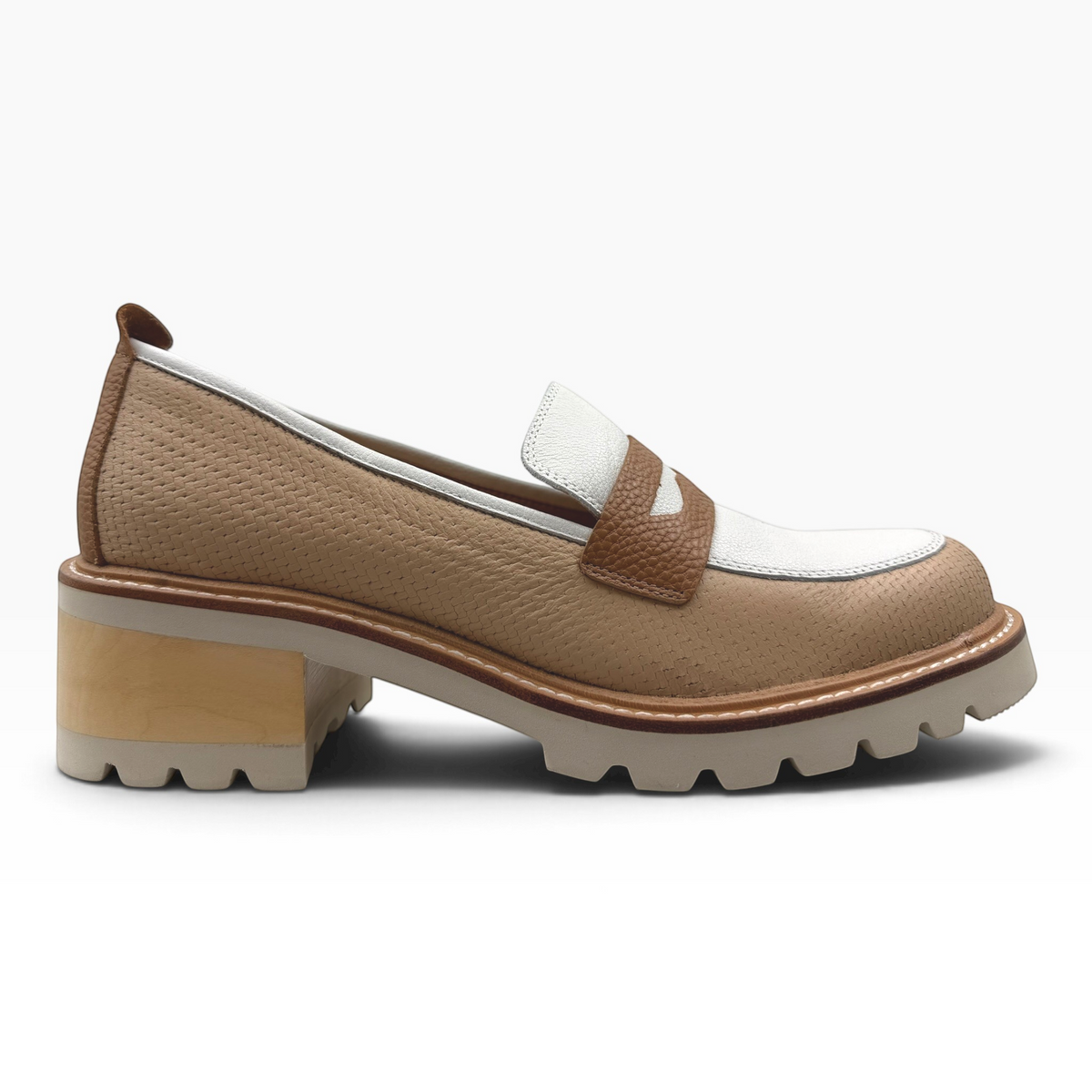 The Shoe Shop Delmira loafer in beige and white textured leather with a chunky block heel and lug sole