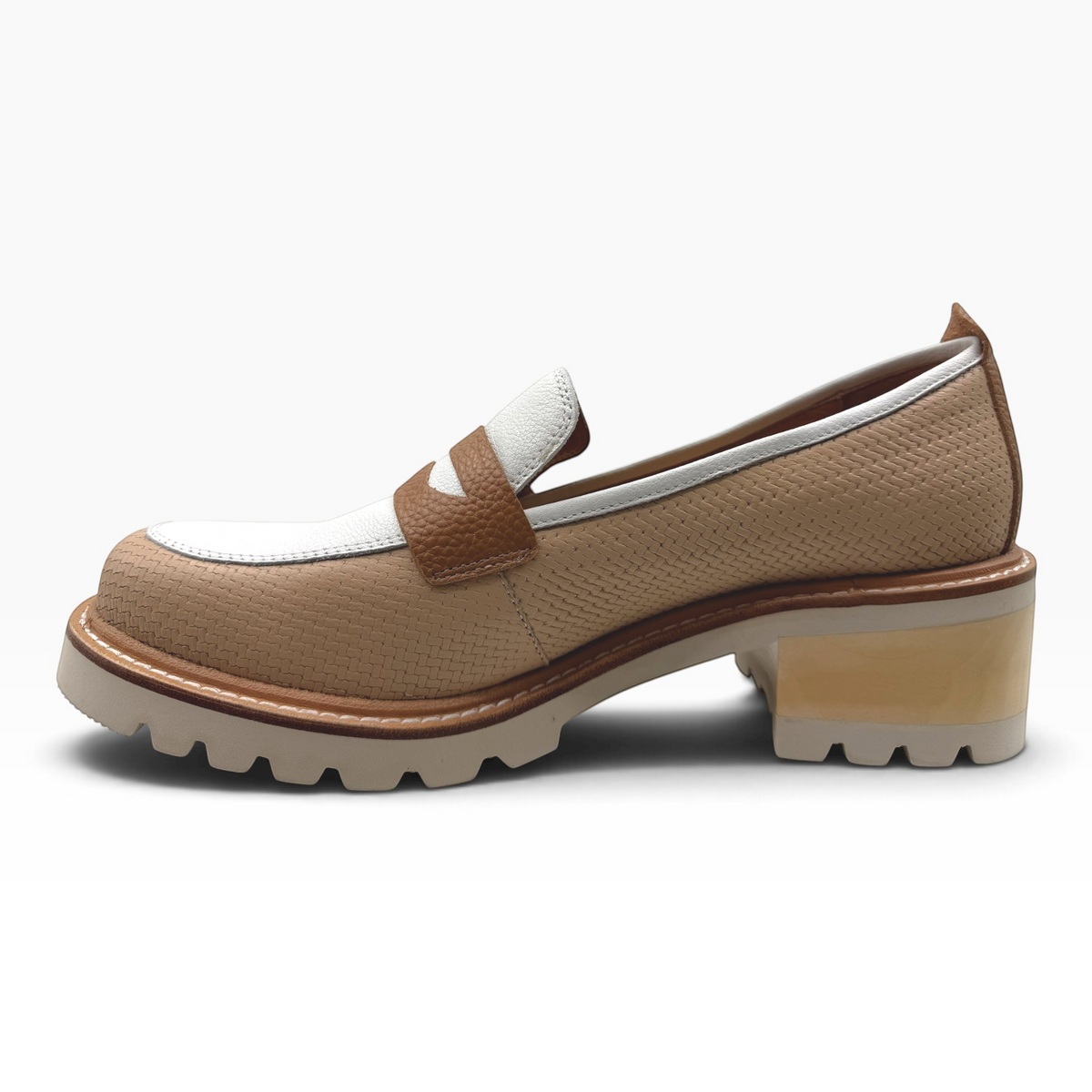 The Shoe Shop Delmira loafer in beige and white textured leather with a chunky block heel and lug sole side view