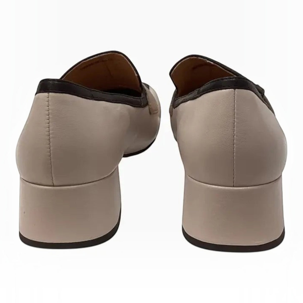 The Shoe Shop Denial leather loafers in beige with a dark brown trim and a comfortable block heel, rear view.