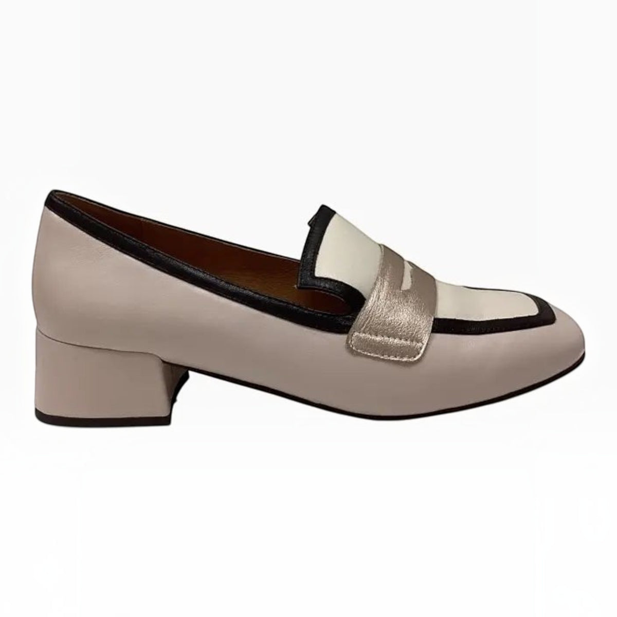 The Shoe Shop Denial leather loafer in cream and white with a metallic strap and a comfortable block heel.