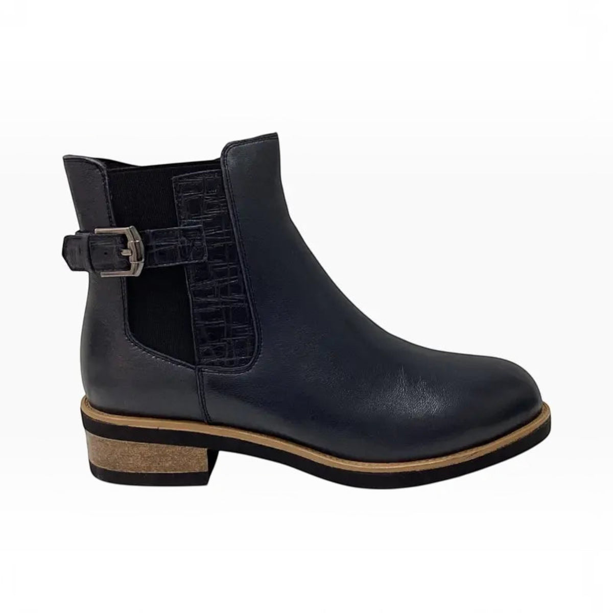 The Shoe Shop Deonte navy leather ankle boot with croc-textured side panel, buckle detail, and low stacked heel.
