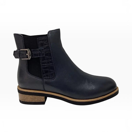The Shoe Shop Deonte navy leather ankle boot with croc-textured side panel, buckle detail, and low stacked heel.