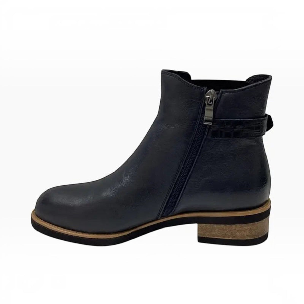 The Shoe Shop Deonte navy leather ankle boot with side zip, croc-textured panel, and a low stacked heel.
