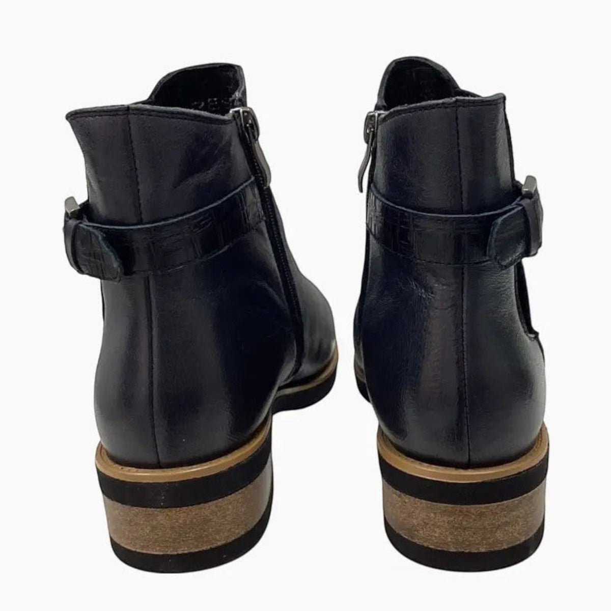 The Shoe Shop Deonte navy leather ankle boots featuring a croc-textured strap, buckle detail, and stacked heel.