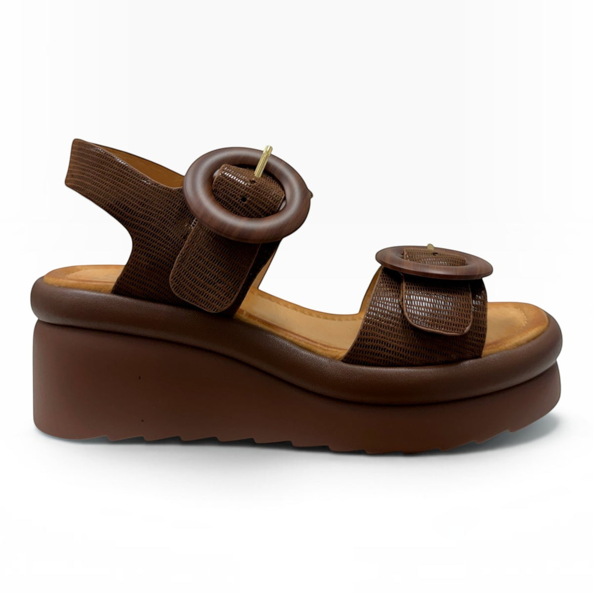 The Shoe Shop Menorcas desert brown platform sandals with textured straps and large circular buckles