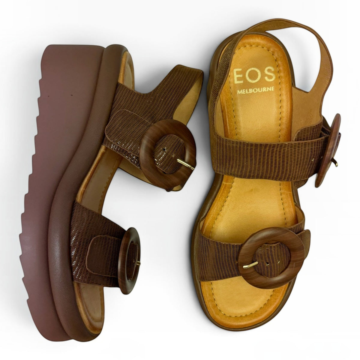 The Shoe Shop Menorcas desert brown platform sandals with textured straps and large circular buckle details