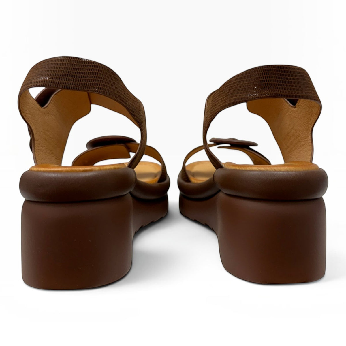 The Shoe Shop Menorcas desert brown platform sandals with textured heel straps and cushioned footbeds