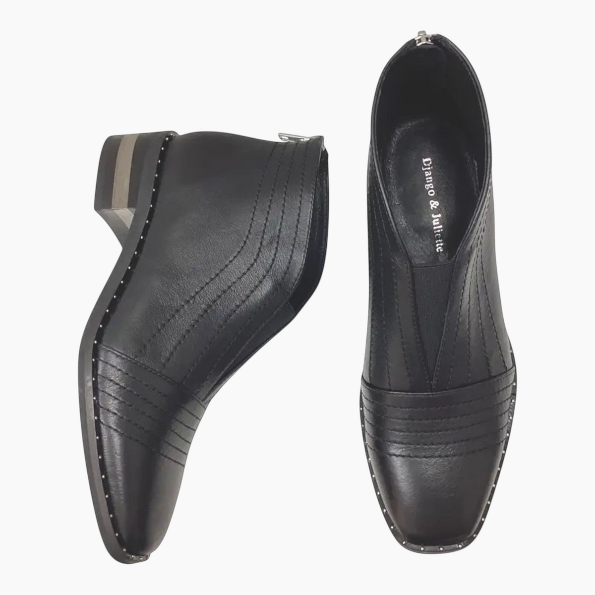 The Shoe Shop Django & Juliette Faradays black leather ankle boots with stitch detail and low stacked heel
