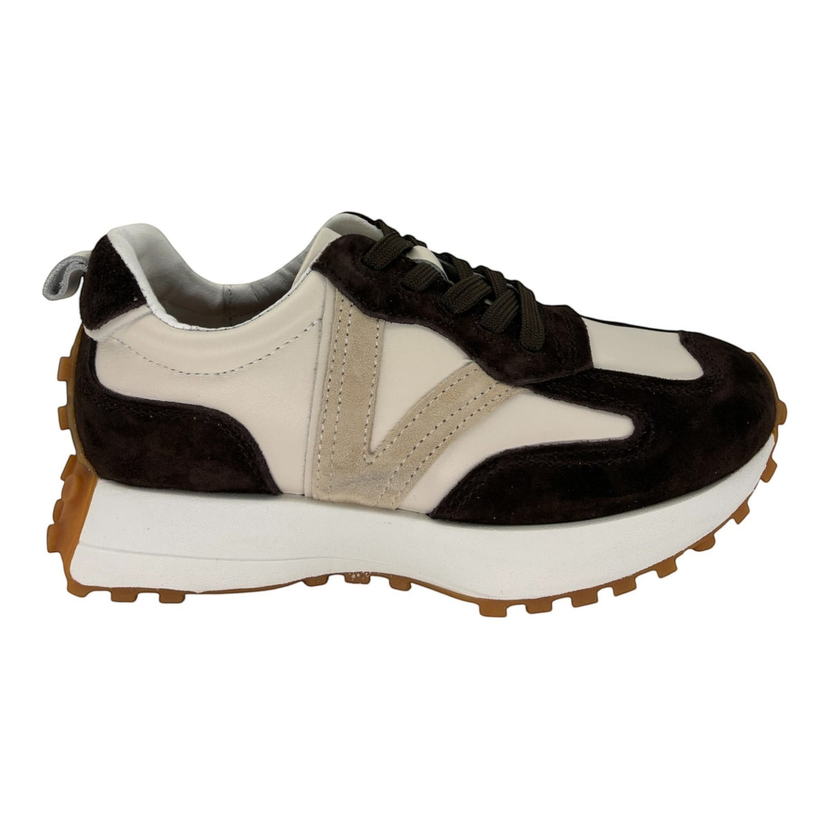 The Shoe Shop Django & Juliette women's sneaker in cream and dark brown suede and leather with a chunky rubber sole.