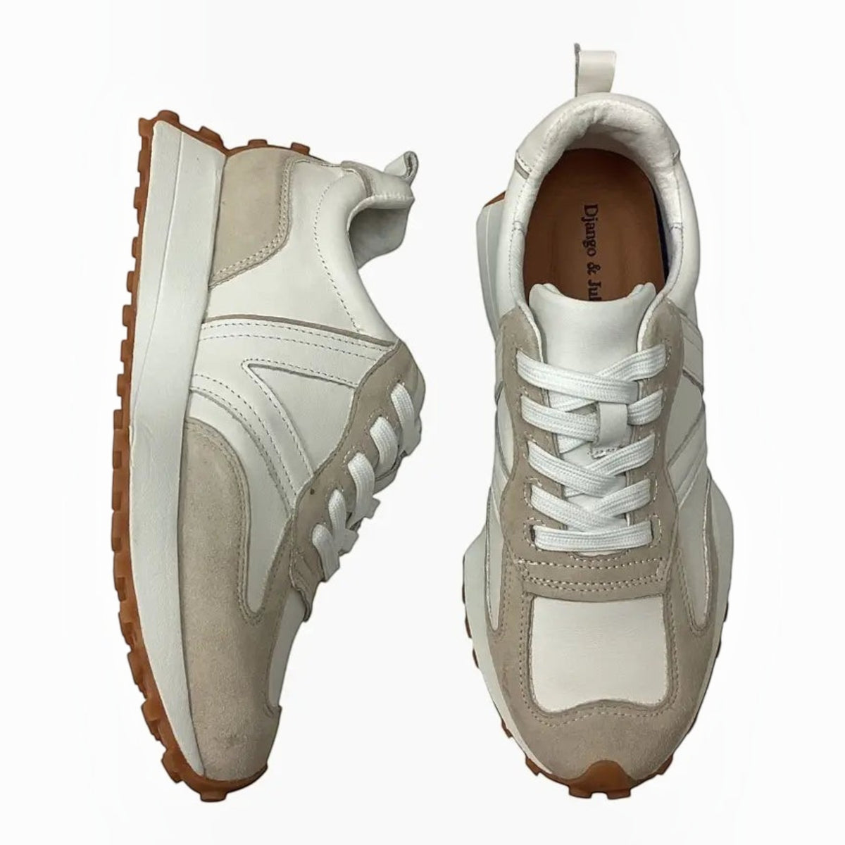The Shoe Shop Django & Juliette women's white and beige suede leather lace-up sneakers with a gum rubber outsole.