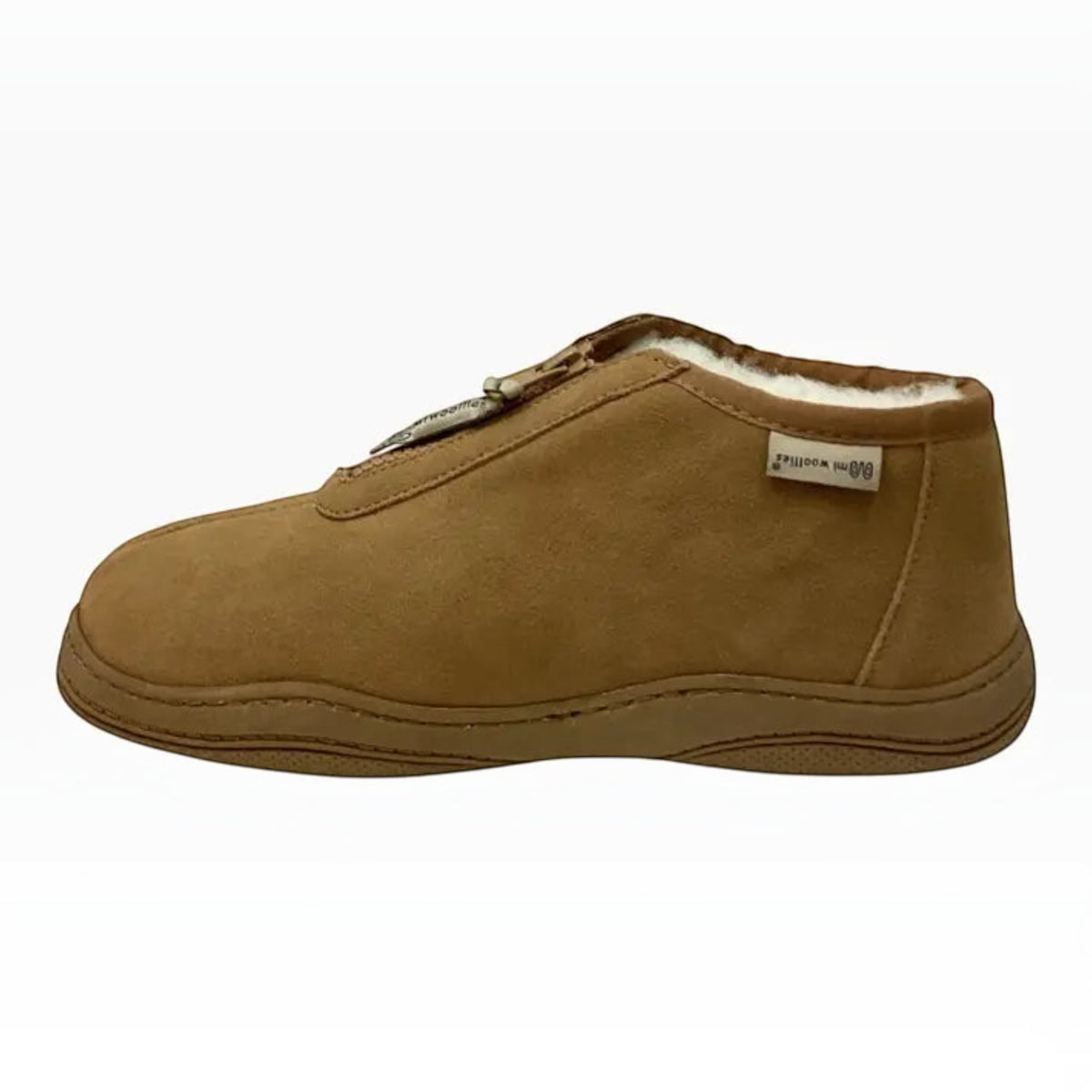 The Shoe Shop Dobson slipper in tan leather with a plush wool lining and a convenient centre zip closure.
